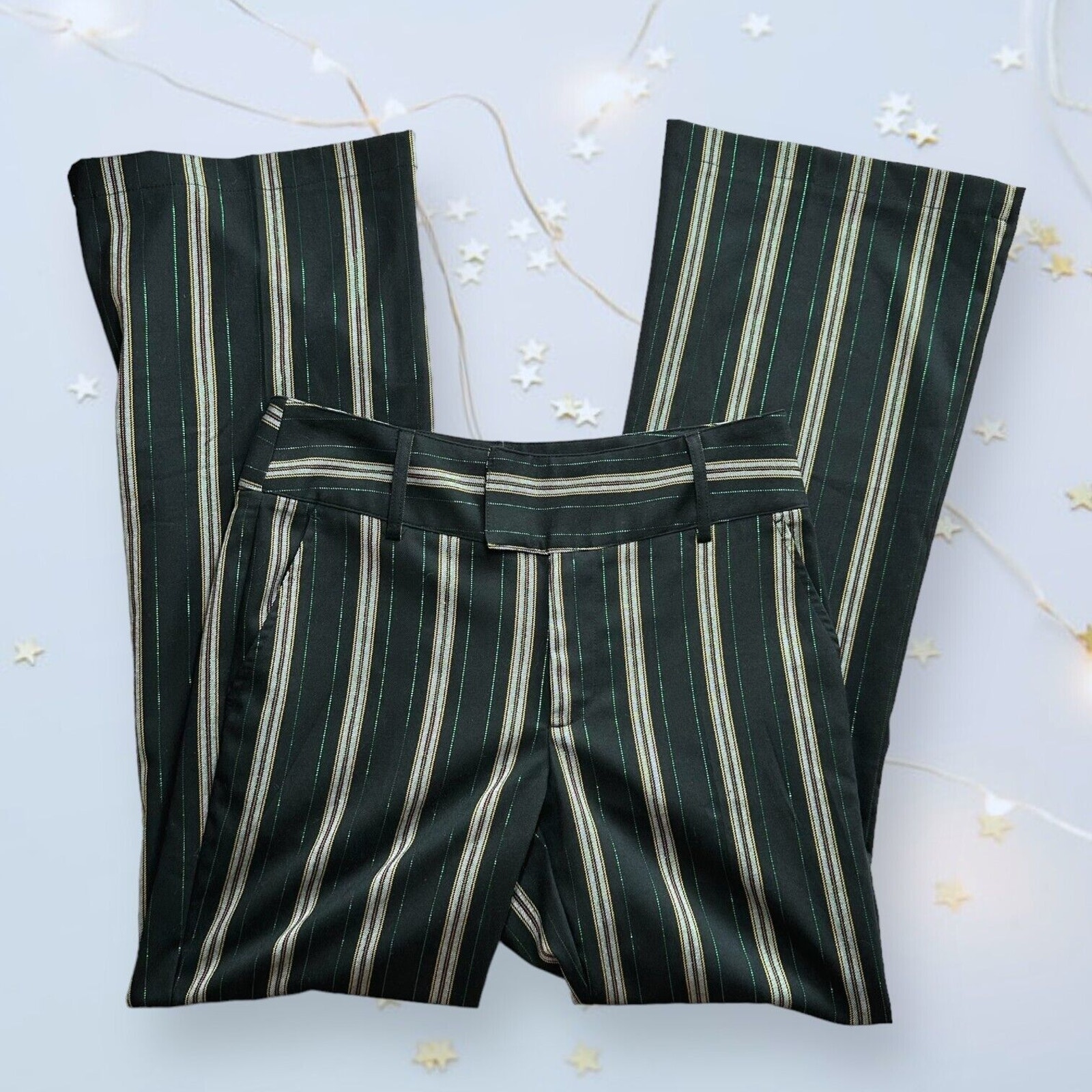 NEW w/Tags URBAN OUTFITTERS Boho Flare Pants Metallic Striped Green Accent 4