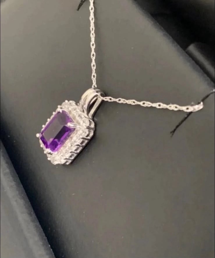 Genuine Amethyst & White Sapphire 18” Pendant Necklace with White Gold! NWT