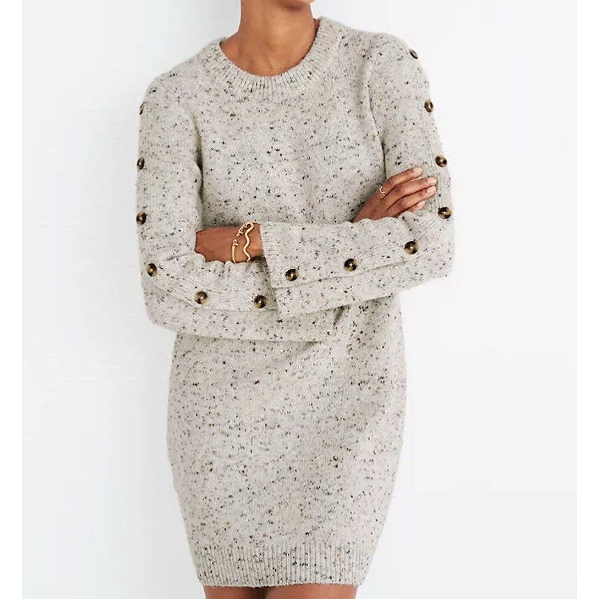 MADEWELL Women's Speckled Donegal Sweater Button Dress Small Wool Acrylic Blend