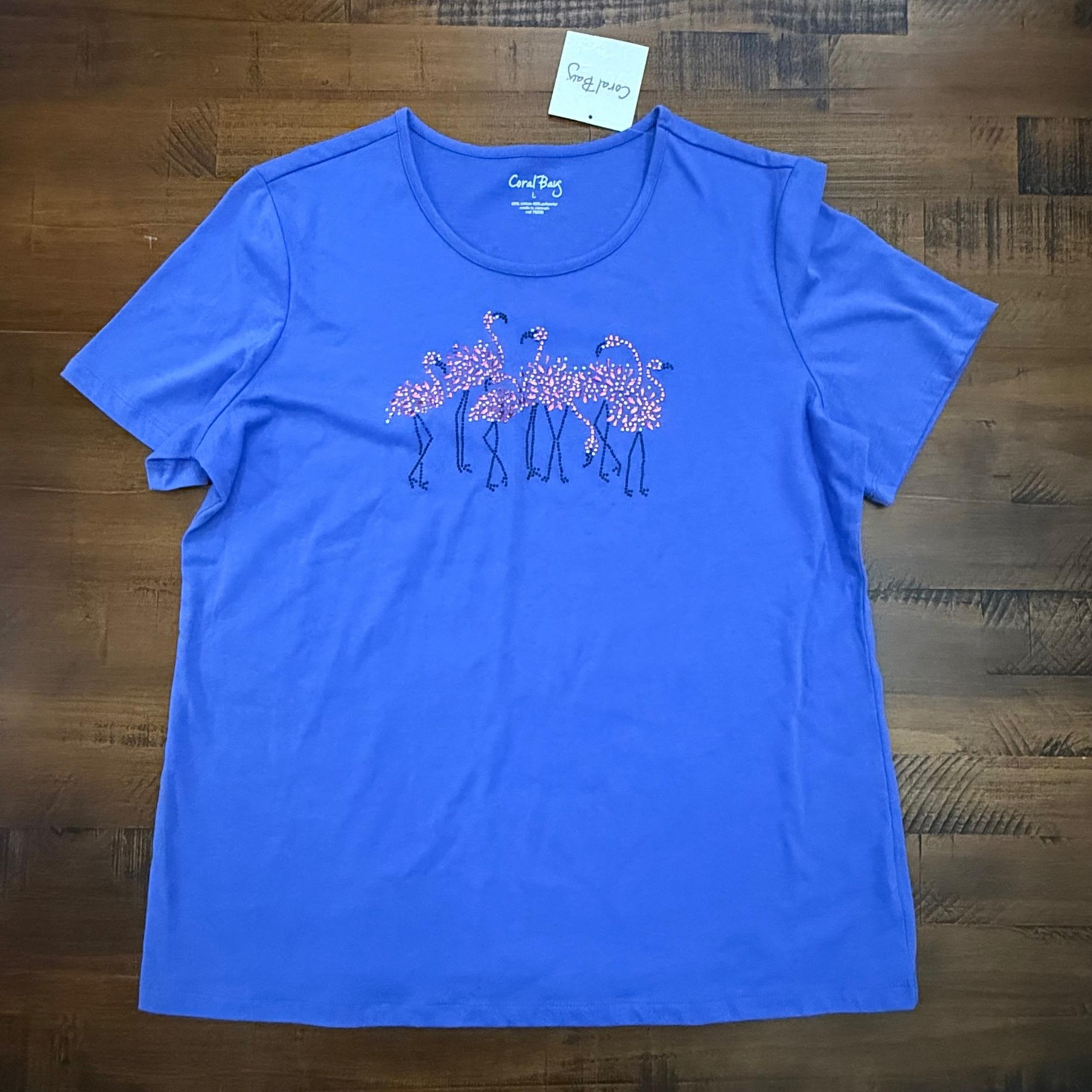 Coral Bay Flamingo T-Shirt Rhinestone Embellished Graphic Tee Size L