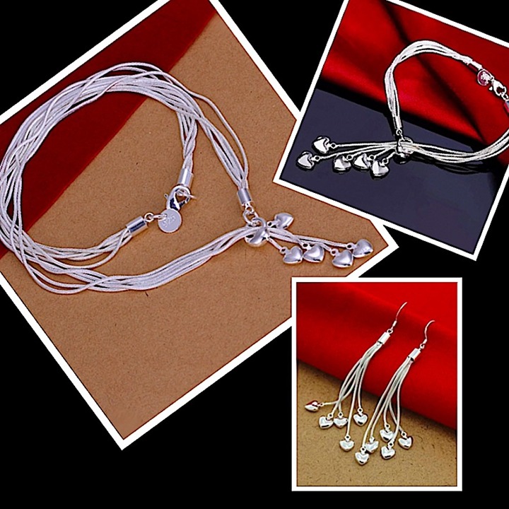 Heart Sterling Silver Tassel Charm Necklace Matching Bracelet Earrings Set