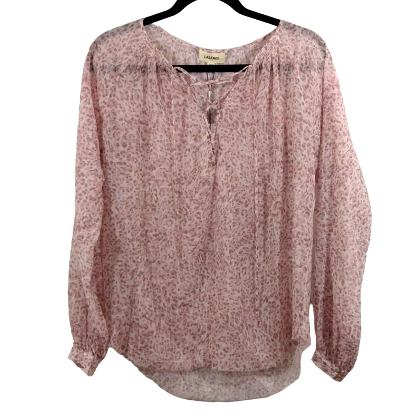 AL L'AGENCE Designer Pink Sheer Leopard Lace Up Long Sleeve Flowy Blouse NWT XS