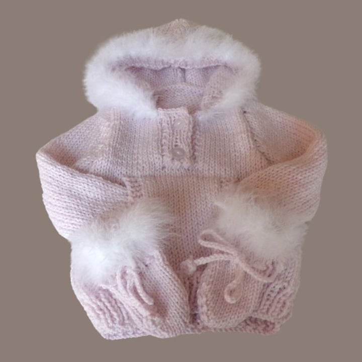 Knitted pink hoodie & matching mittens with fur trim
