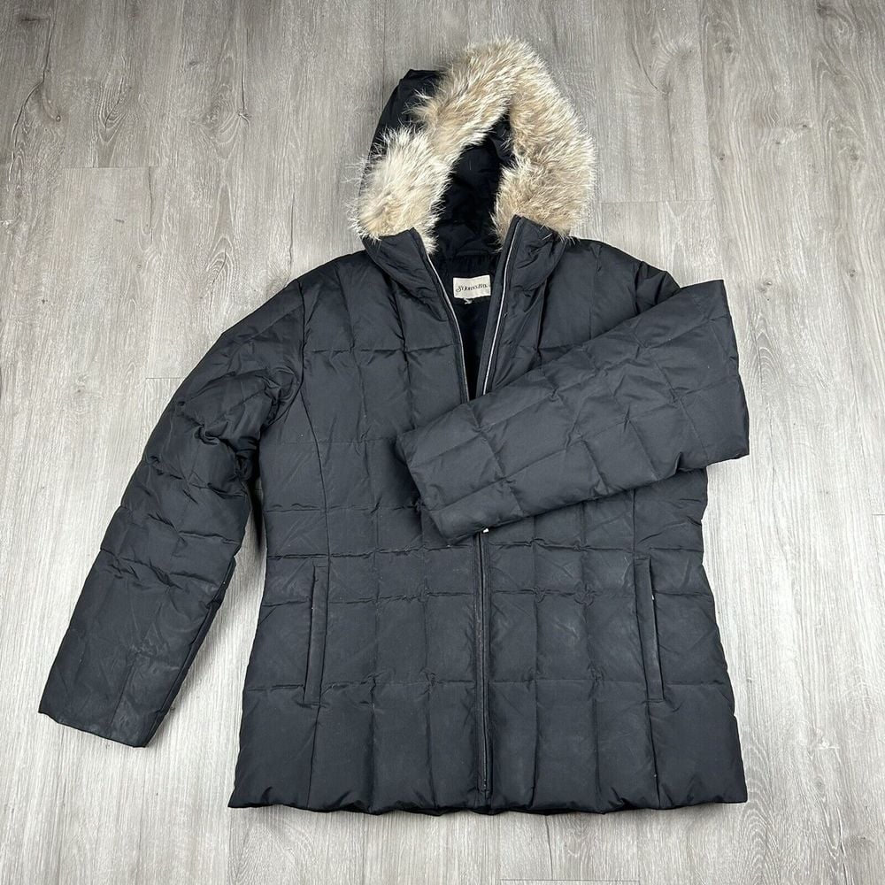 St. John's Bay Down Puffer Coat Women's Black Removable Fur Trim Hooded 3 Pocket