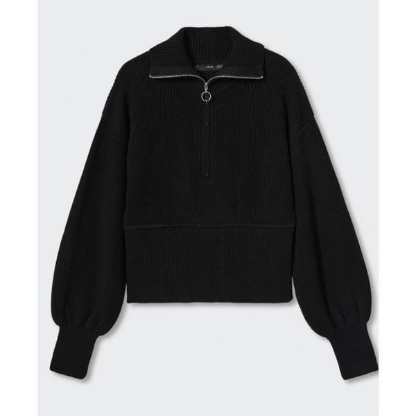 Mango Pullover with Puffed Sleeve and Zipper in Black Size S