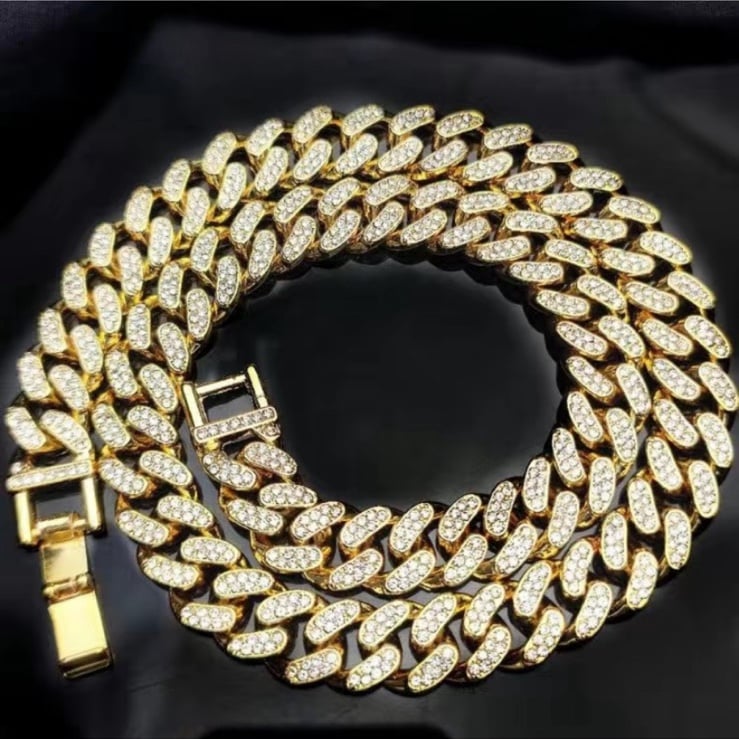 Iced Out Bling Gold Cuban Chain Hip Hop Style Necklace