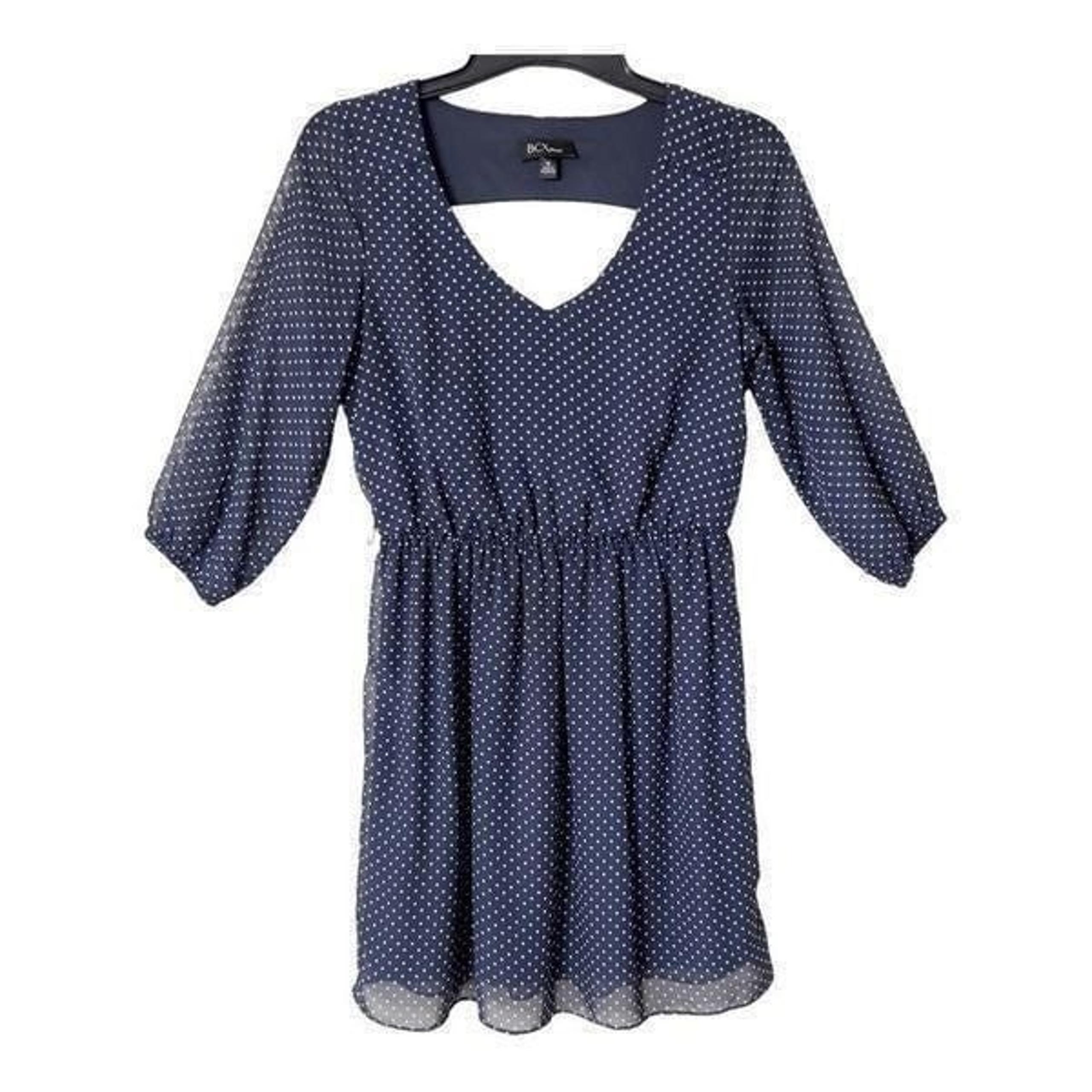 BCX 3/4 Sleeve V Neck Elastic Waist Navy White Polkadot Dress Size Medium
