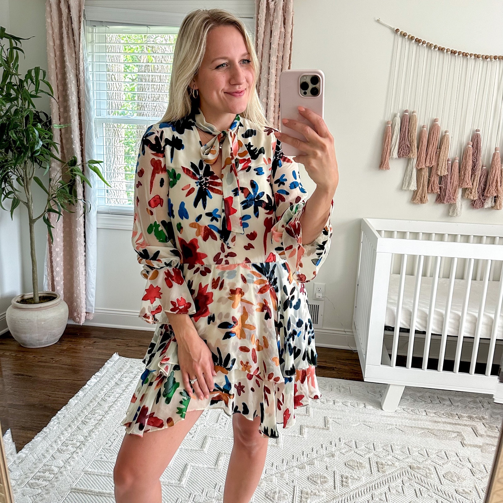 Alice + Olivia Moore V-Neck Layered Tunic Mini Dress Floral White XS