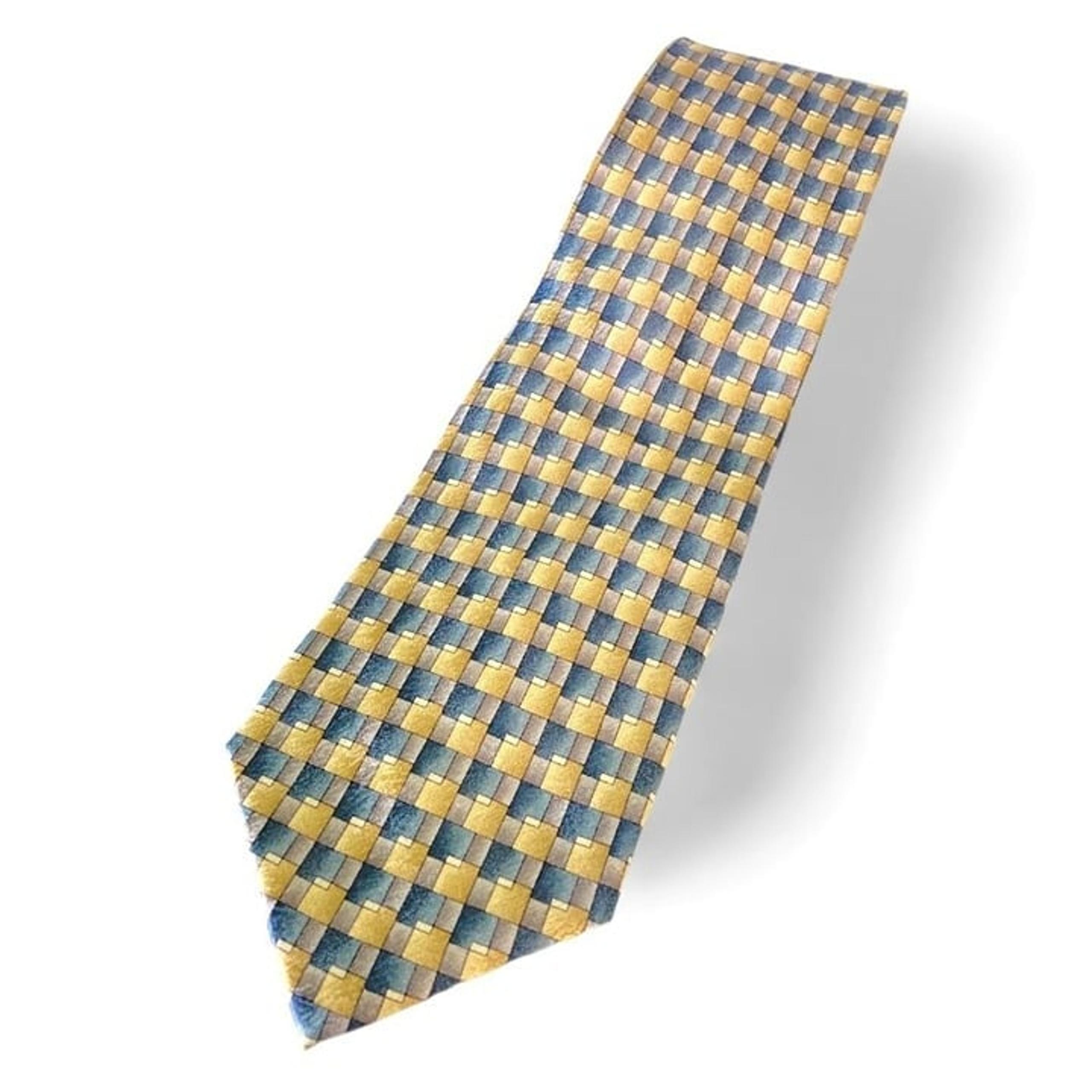 Pierre Cardin Silk Tie Geometric Design Muted Blue Yellow, New Without Tags