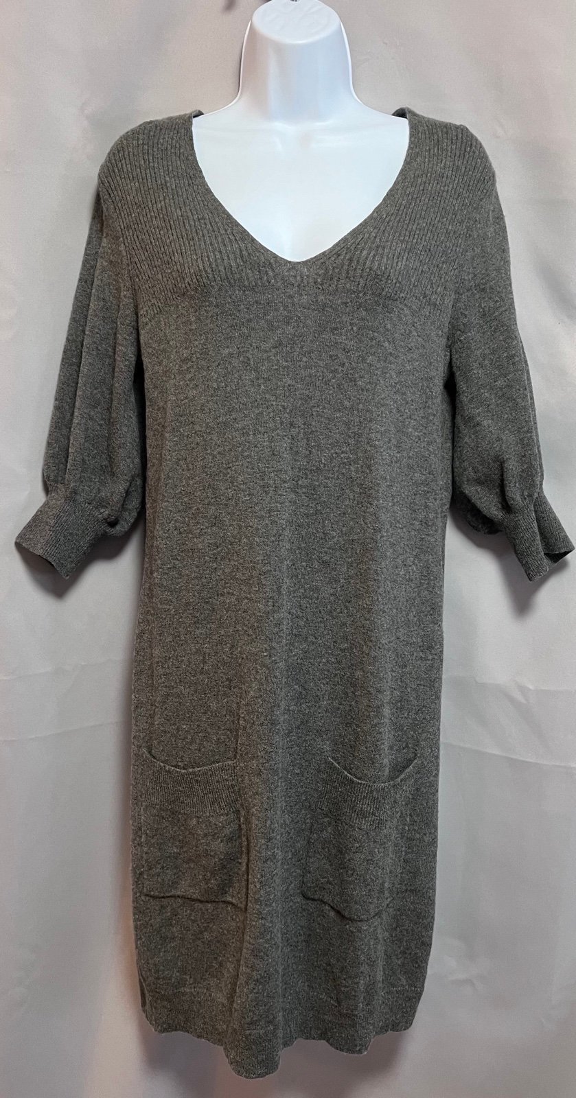 Lauren Ralph Lauren Dress Sz Medium Gray Wool Cashmere 3/4 Sleeve V-neck