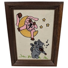 Completed Embroidered Cow Jump Over Moon Fiddle Cat Framed Frame 6x8 cute