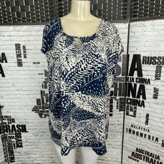 Grayson Plus 3X Navy Blue Print Scoop Cut-Out Metal Bead Neck Sleeveless Top