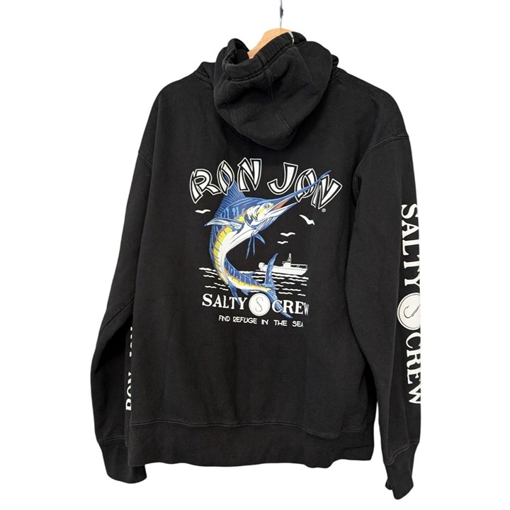 RON Jon Salty Crew Black Hoodie Sweatshirt Swordfish Graphic Sleeves Men Size L