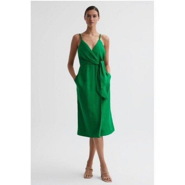 Reiss Esme Linen Side Tie Sheath Dress in Green