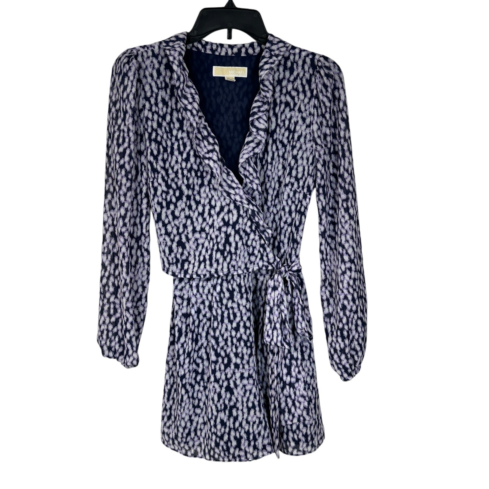Michael Michael Kors Small Romper Ruffled Wrap Long Puff Sleeves Purple Abstract