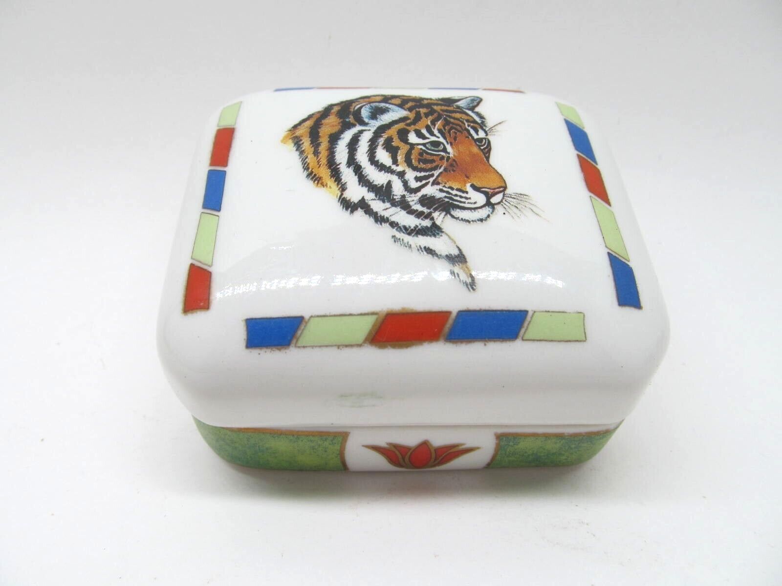 Chase TIGER RAJ Lynn Chase Vintage Hand Painted Porcelain Trinket Box