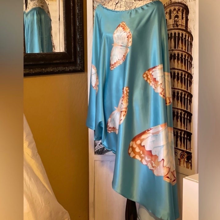 Butterfly Teal Silky Feel Satin Kaftan, Side Slit Kaftan Dress, NWT
