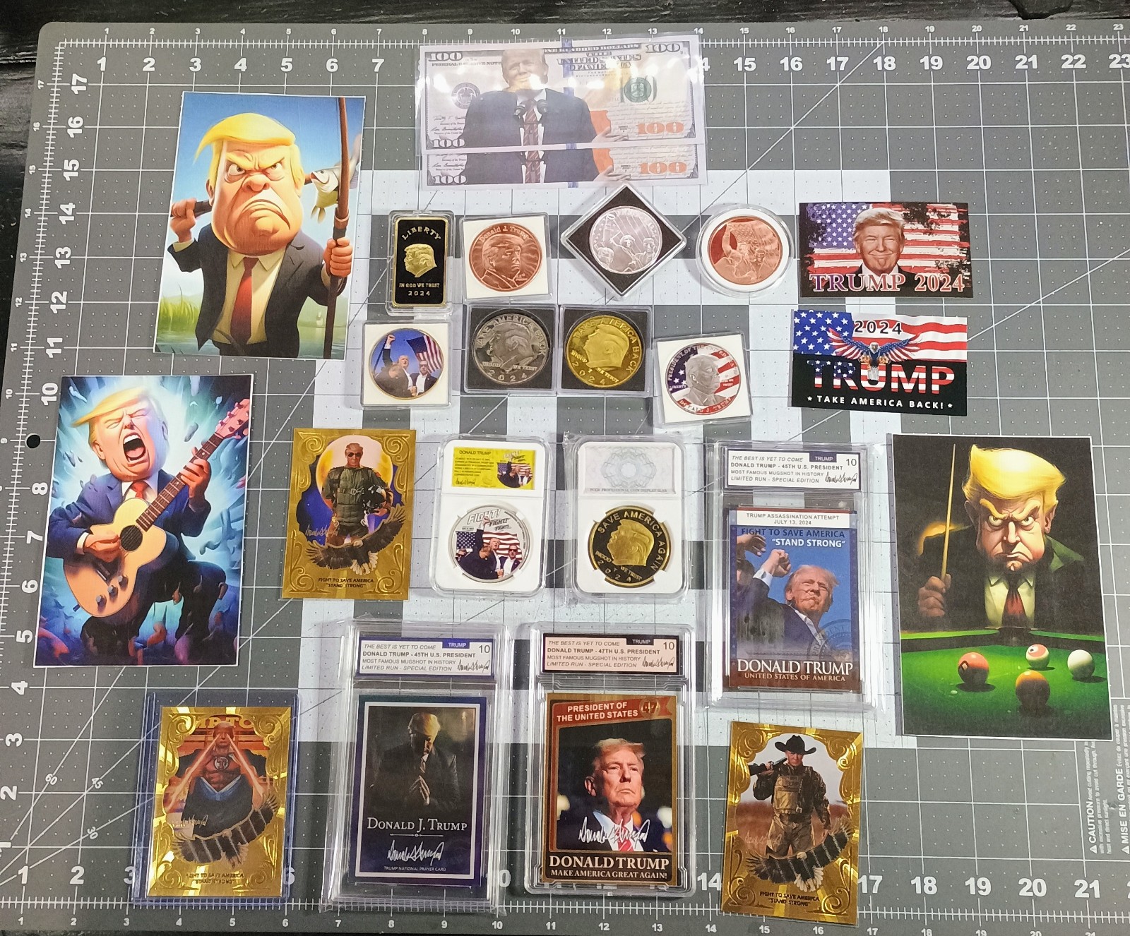 HUGE TRUMP LOT 23 PIECES, ONE .999 Fine Silver 1oz Coin Graded Cards gold foil +