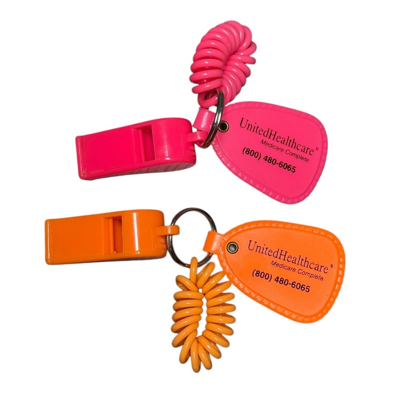 United Healthcare Keychain Safety Whistle Plastic Retro Neon Pink Orange Rare 2