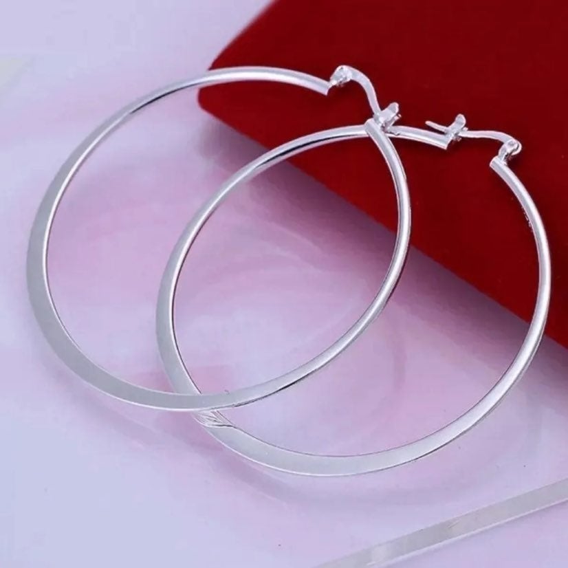 14K White Gold XL Flat Hoop Earrings, 70mm