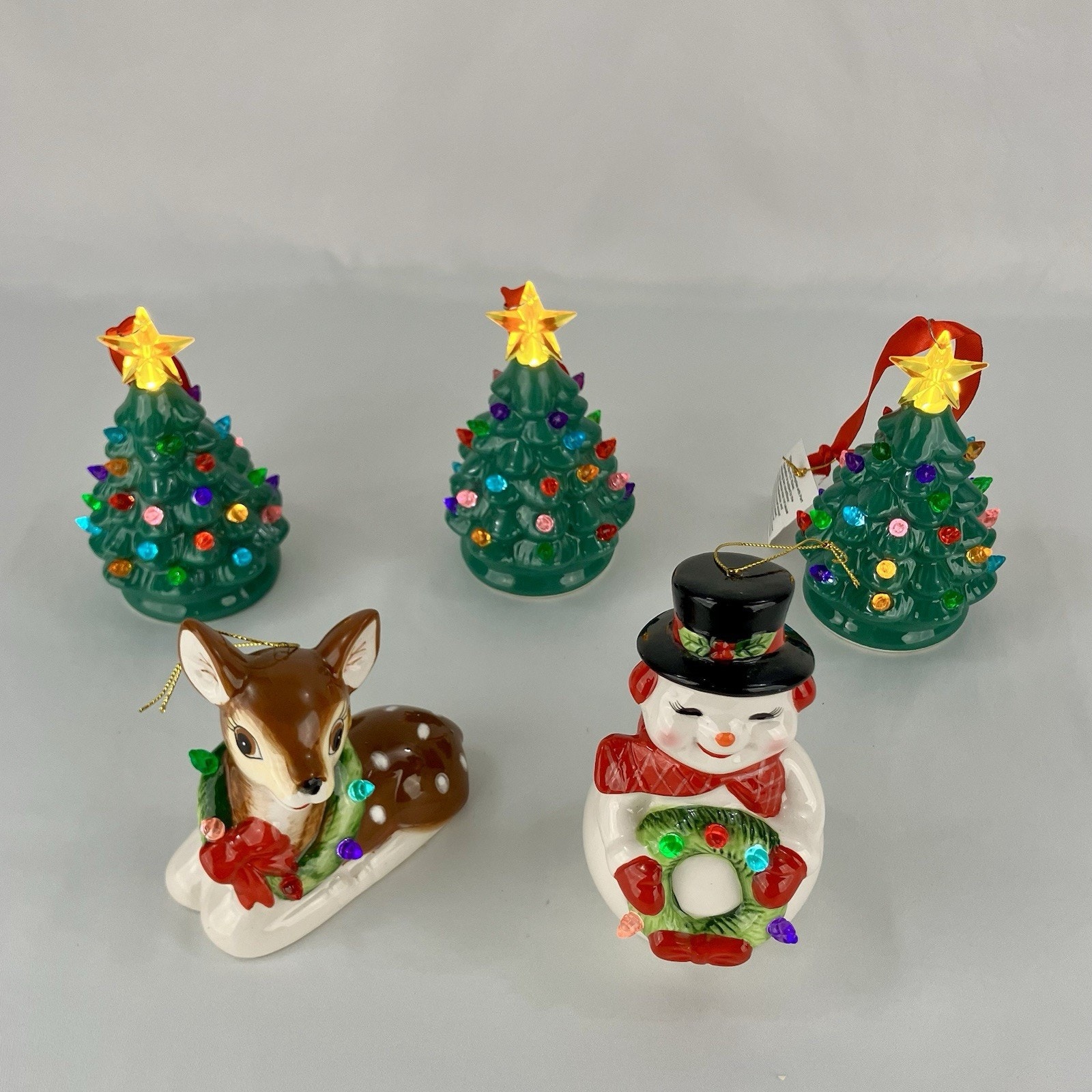 Lot of 5 Mr Christmas Follow The Magic Light Up Ornaments Reindeer Snowman Trees