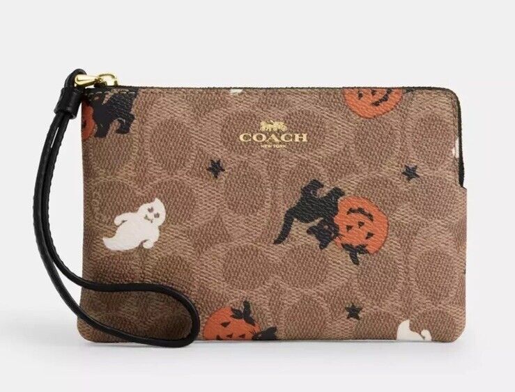 Coach Halloween Wristlet Corner Zip Signature Canvas Ghost Cat Print cw466 NWT