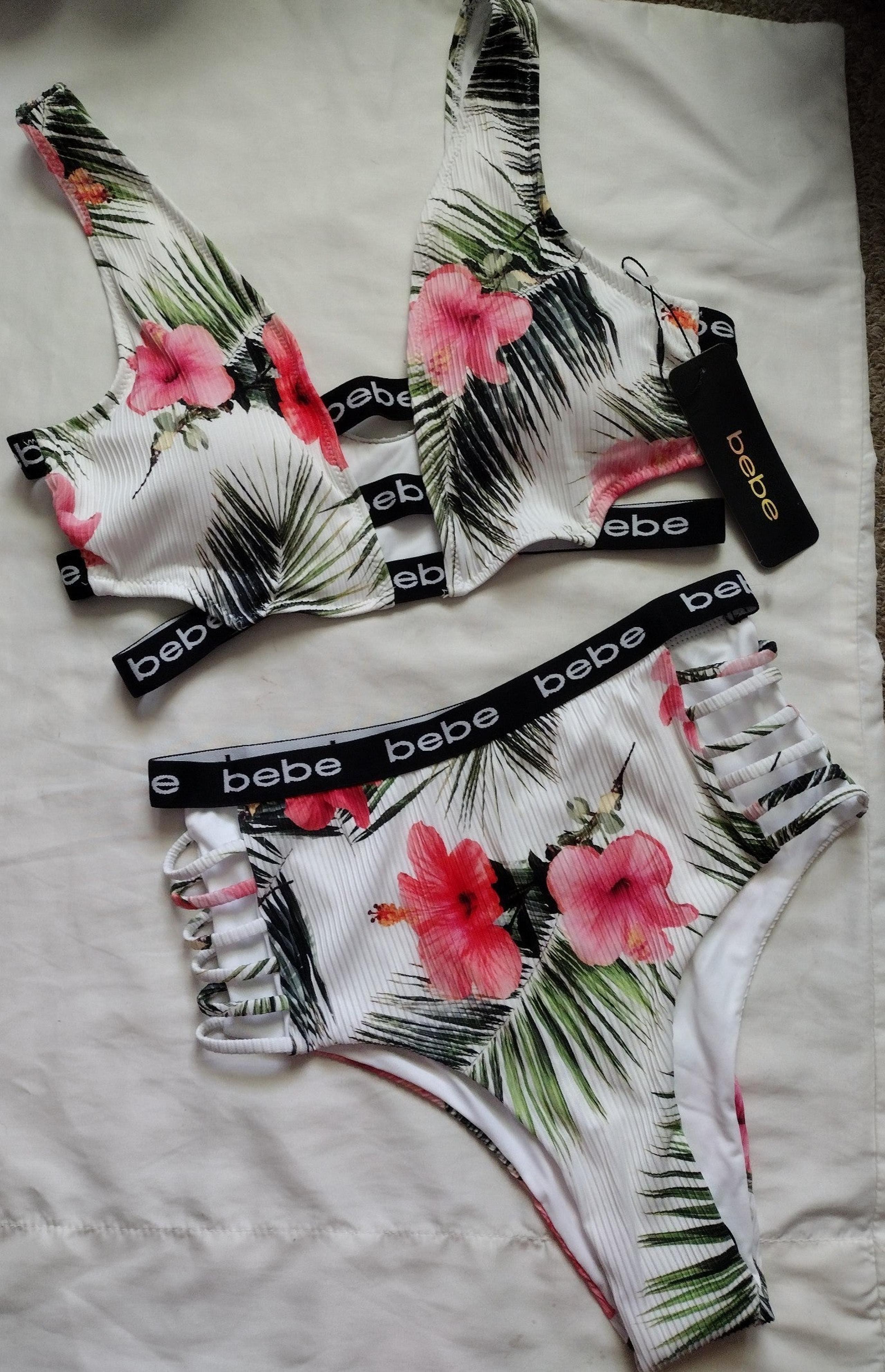 BEBE Tropical Floral Caged Print Highwaisted Bikini set -Size L