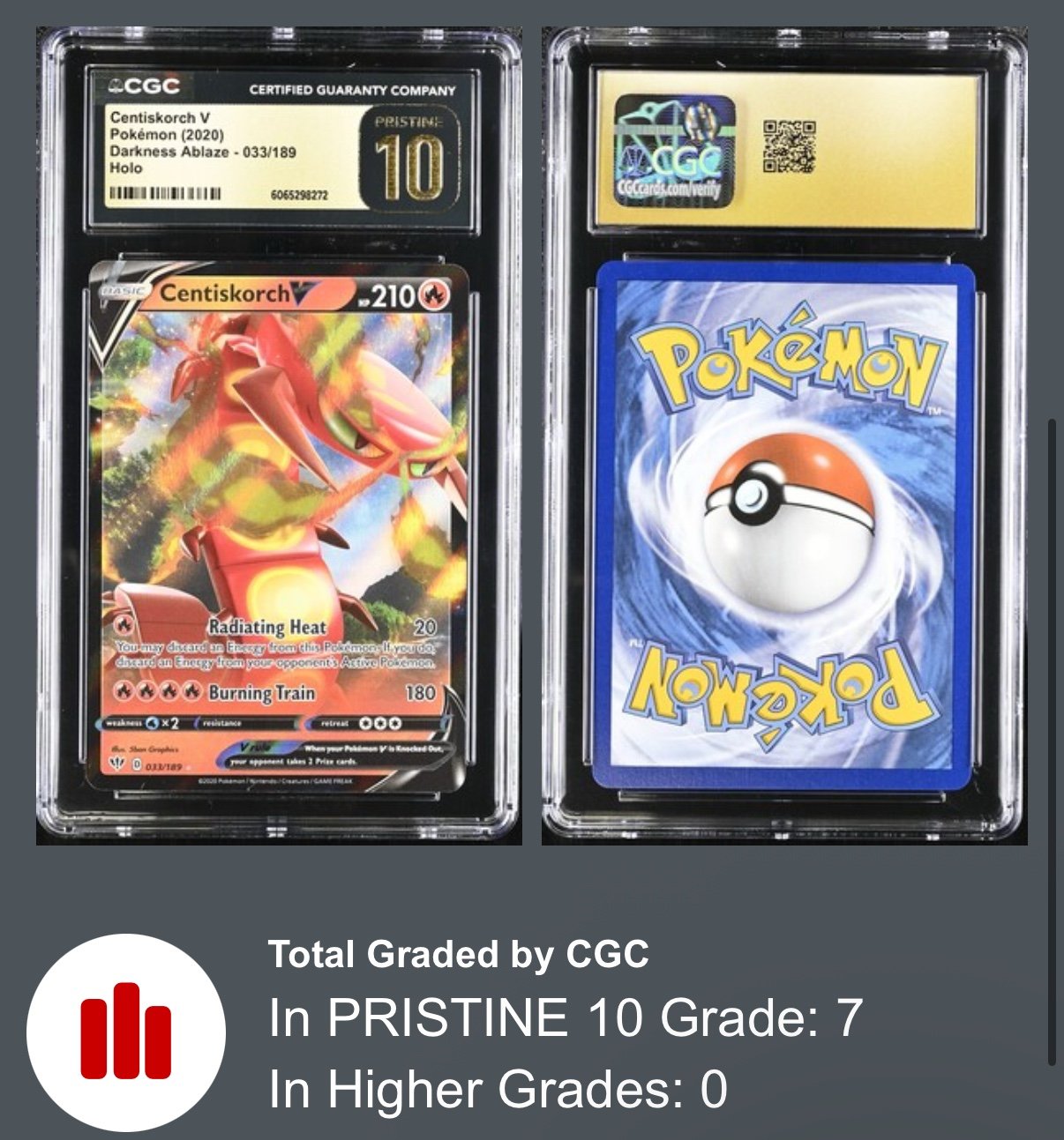 Centiskorch V 033/189 Darkness Ablaze Holo - CGC Pristine 10 • POP 7