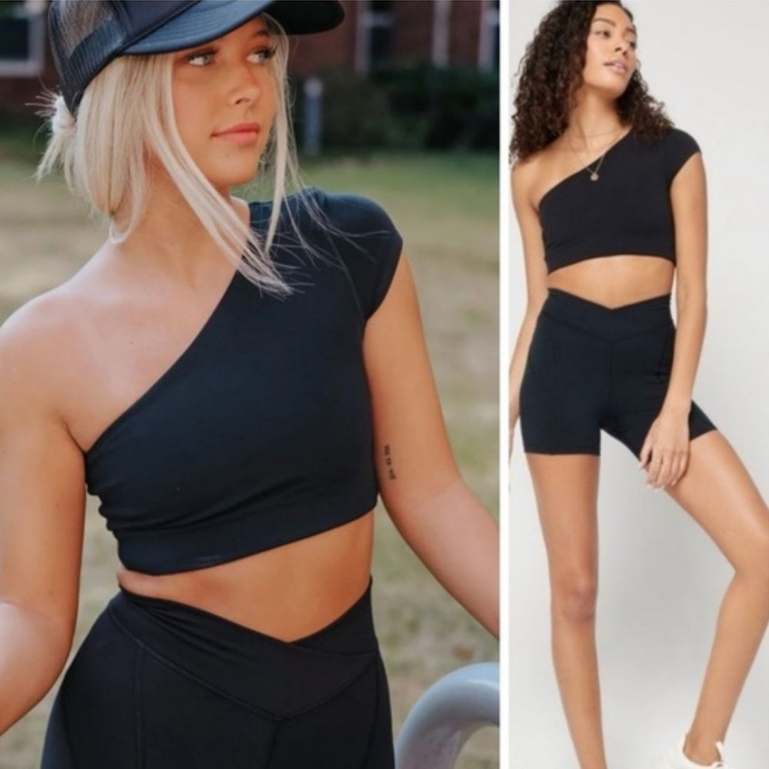 L*Space Size L Genesse One Shoulder Crop Top Solid Black Basic Yoga Athleisure