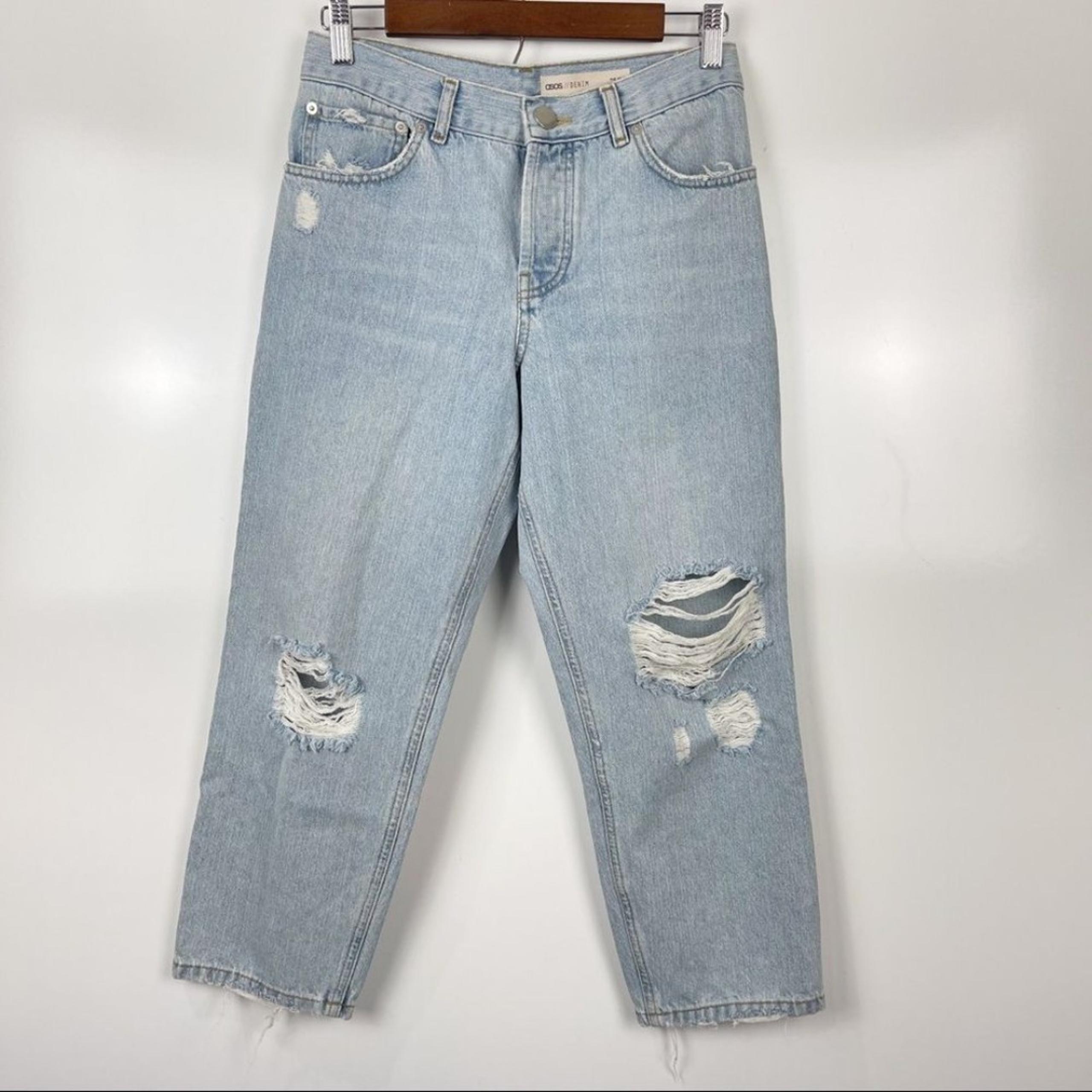 ASOS Denim Distressed Button Fly Straight Leg Crop Mom Jeans Women's 25