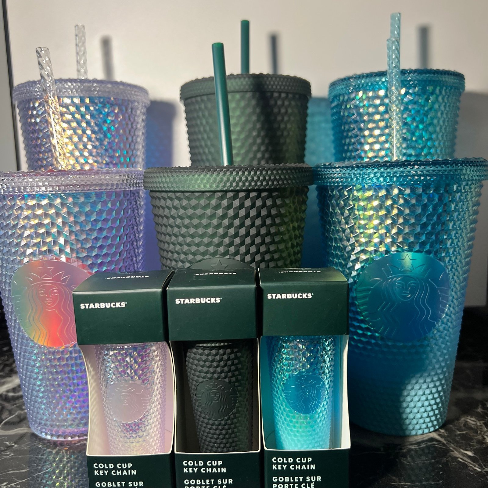 Starbucks studded Set Grande, Venti & Keychain - Green, Unicorn Iridescent, Blue