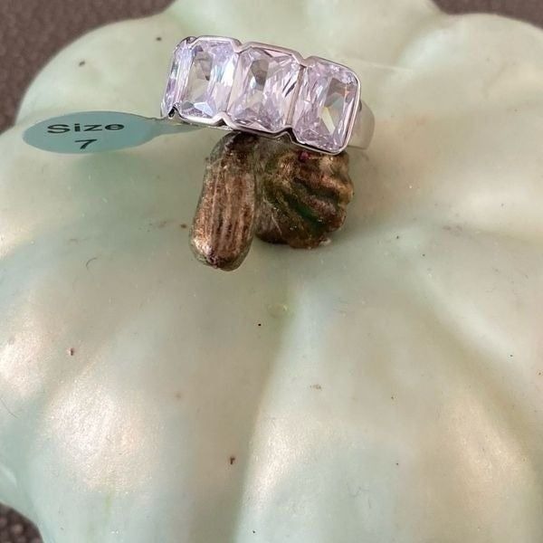 Four Stone Channel Set Emerald Cut Faux Diamond Sterling Silver Size 7 Ring New!