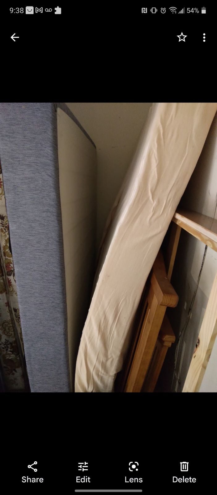 Queen sized bed, wooden headboard, box spring and bed frame