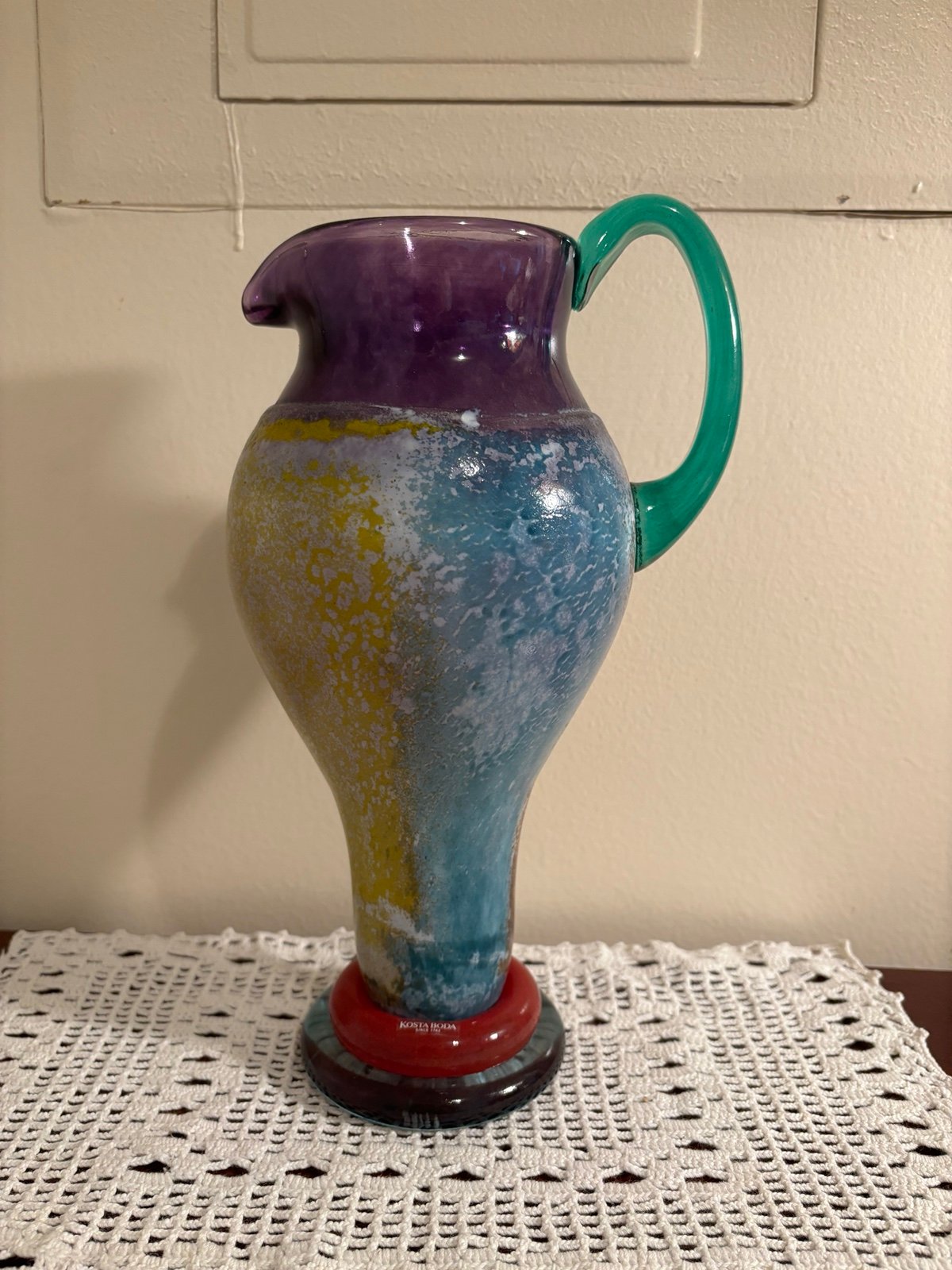 Kosta Boda Signed Kjell Engman Can Can Multicolor Studio Art Glass Jug Pitcher