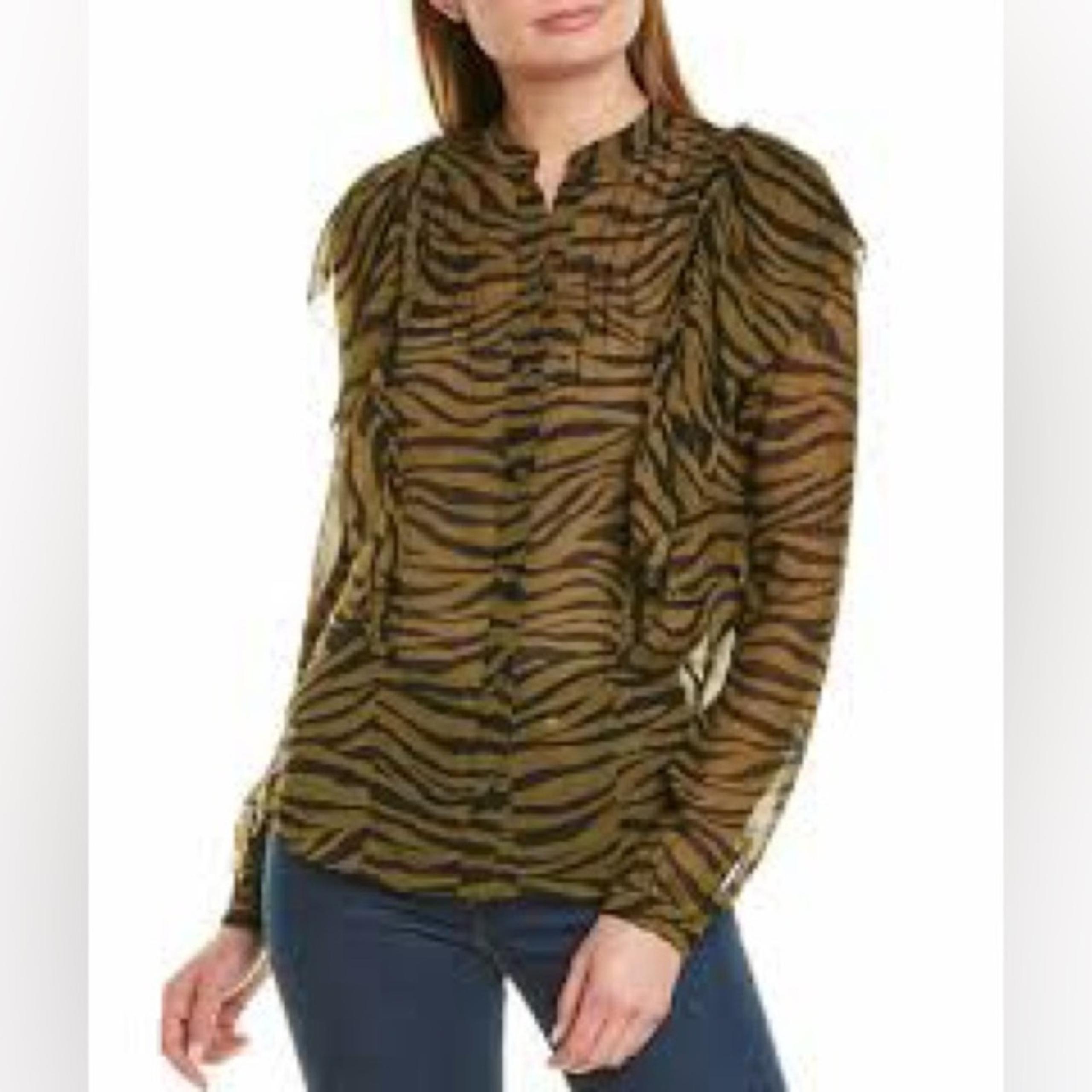 Veronica Beard Camilla Silk Ruffled Button Front Long Sleeve Blouse in Olive - 4