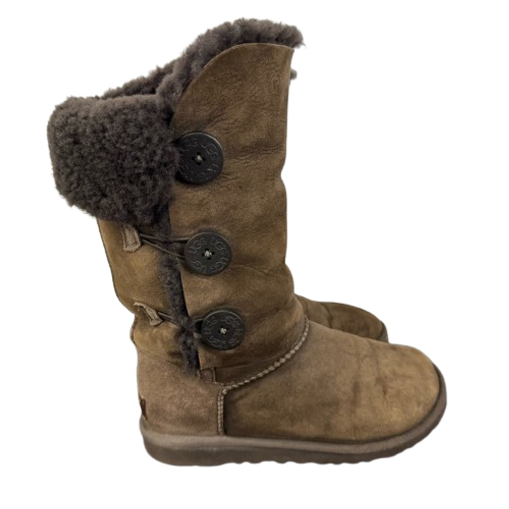UGG Bailey Button Triplet Tall Boots Womens 6 Brown Suede Sheepskin Winter 1873