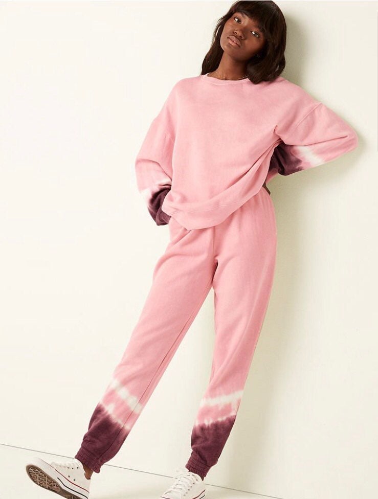 VS PINK Crew Sweatshirt & Campus Jogger Set Pink with Placed Tie Dye Sz XL