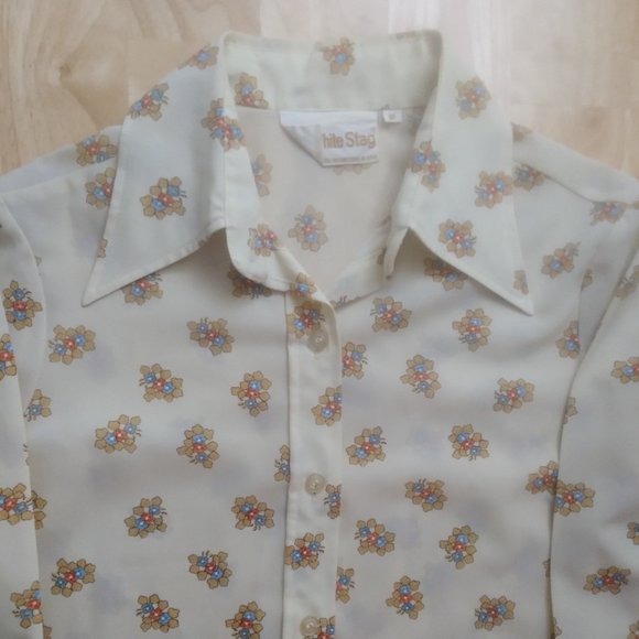 Vintage 70s White Stag Floral Polyester Disco Shirt