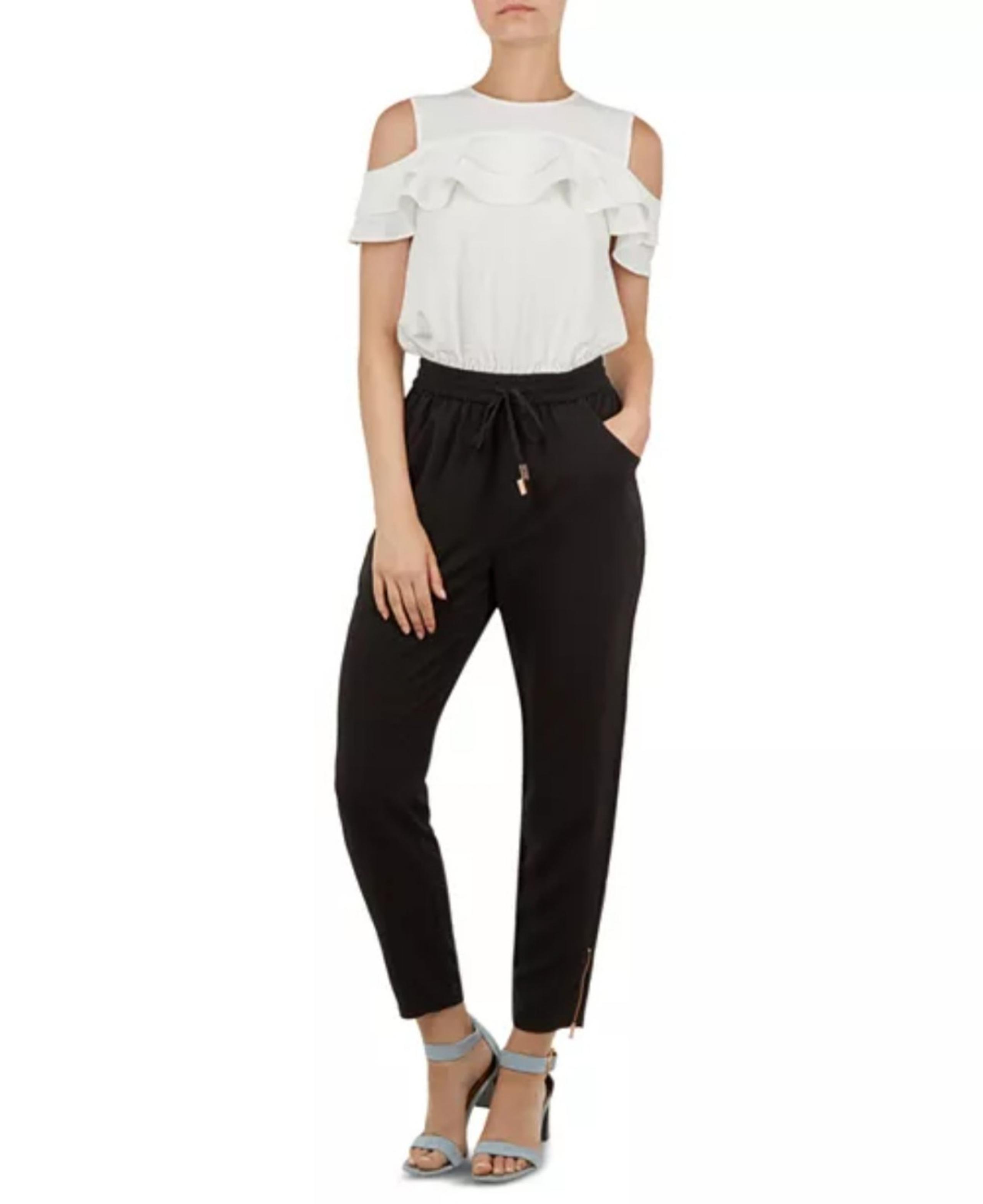 Ted Baker Size 4 Women's Toriil Cold Shoulder Ruffle Colorblock Jumpsuit