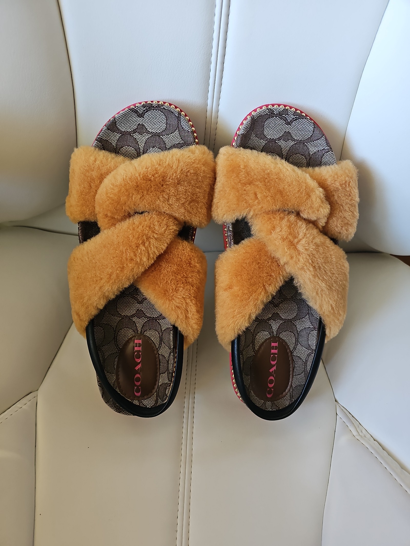 COACH Women's Tally Brown Shearling Criss Cross Strap Slingback Sandals 9.5B