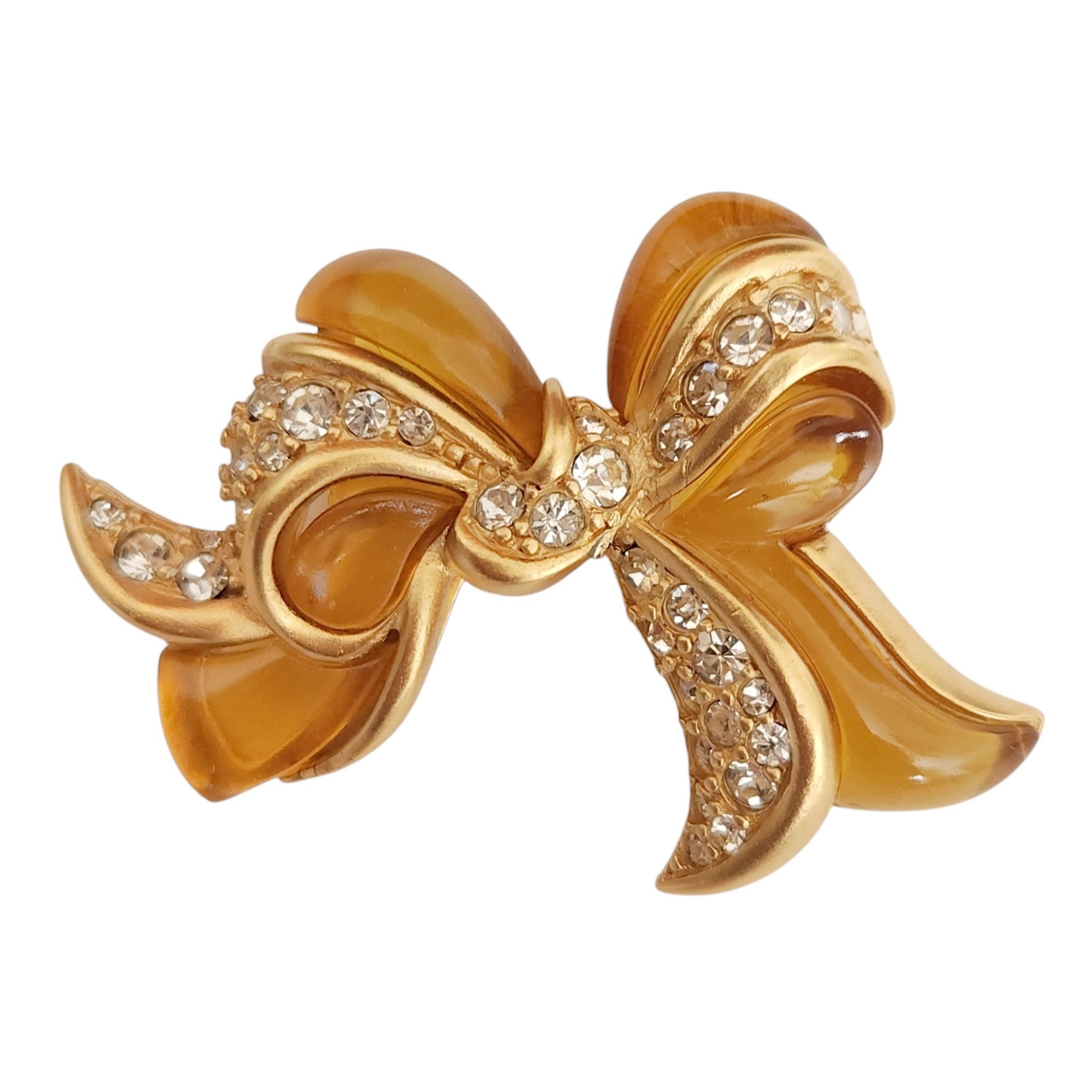 vtg NINA RICCI rhinestone crystal bow golden gold statement brooch pin signed