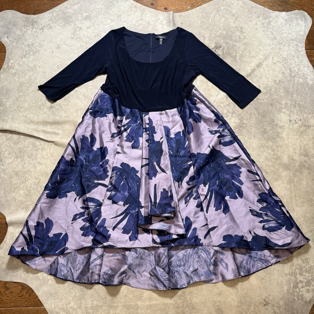 RM Richards Fit Flare Dress Womens Size 20W Blue Floral Hi-Low Scoop Neck