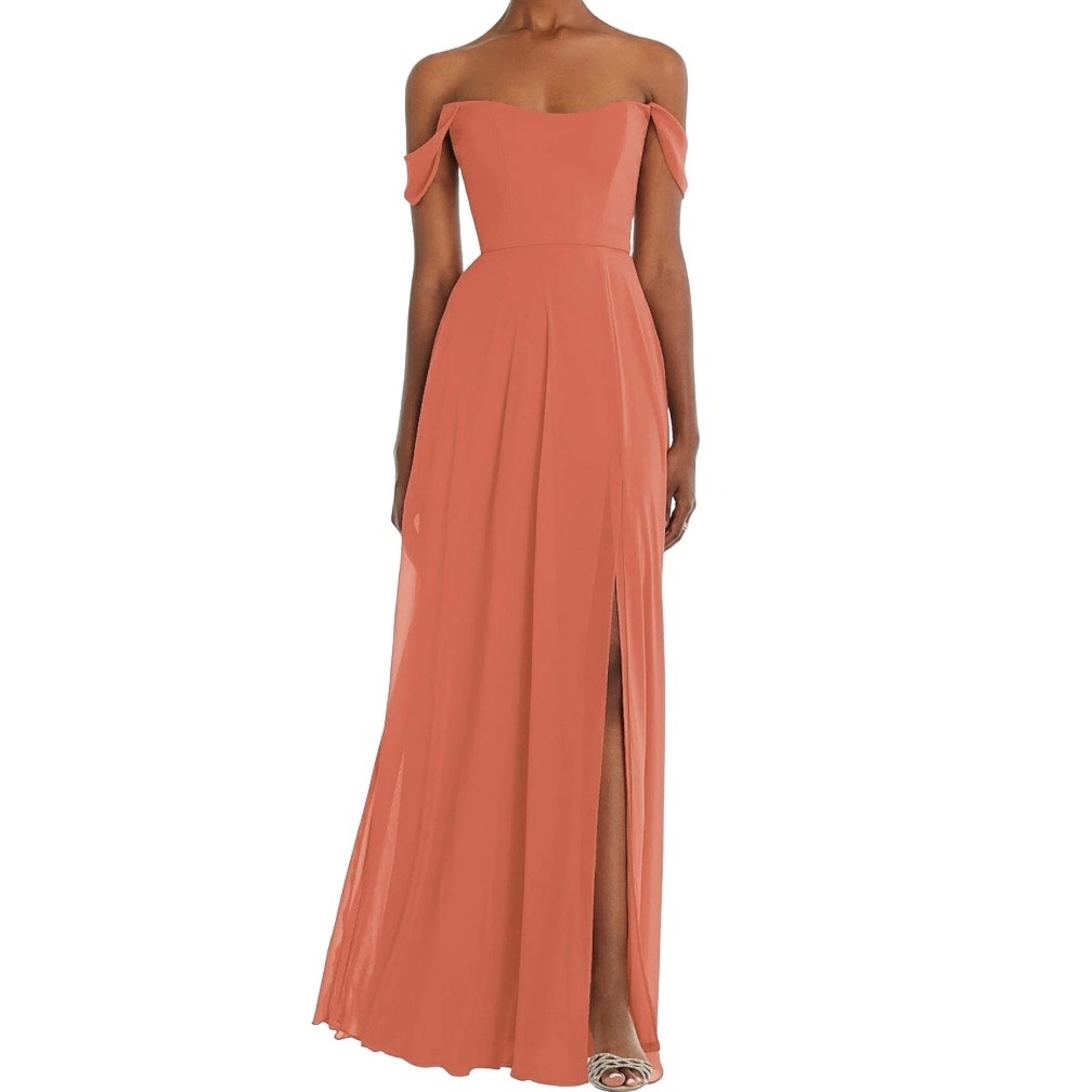 After Six Chiffon Terracotta Off Shoulder Basque Neck Maxi Dress Gown 8 NWT