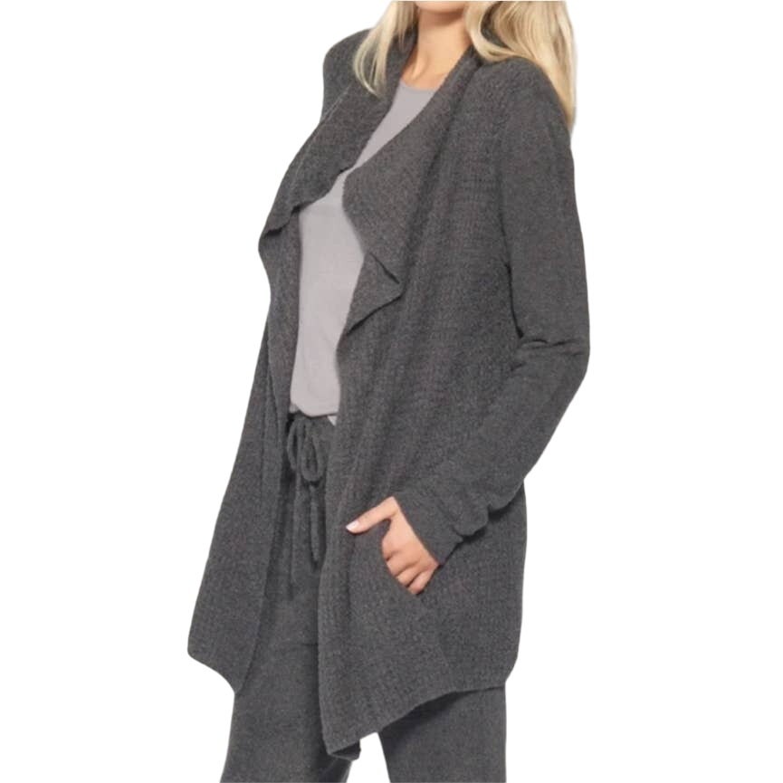 Barefoot Dreams CozyChic Lite Charcoal Gray Carbon Coastal Waffle Knit Cardigan