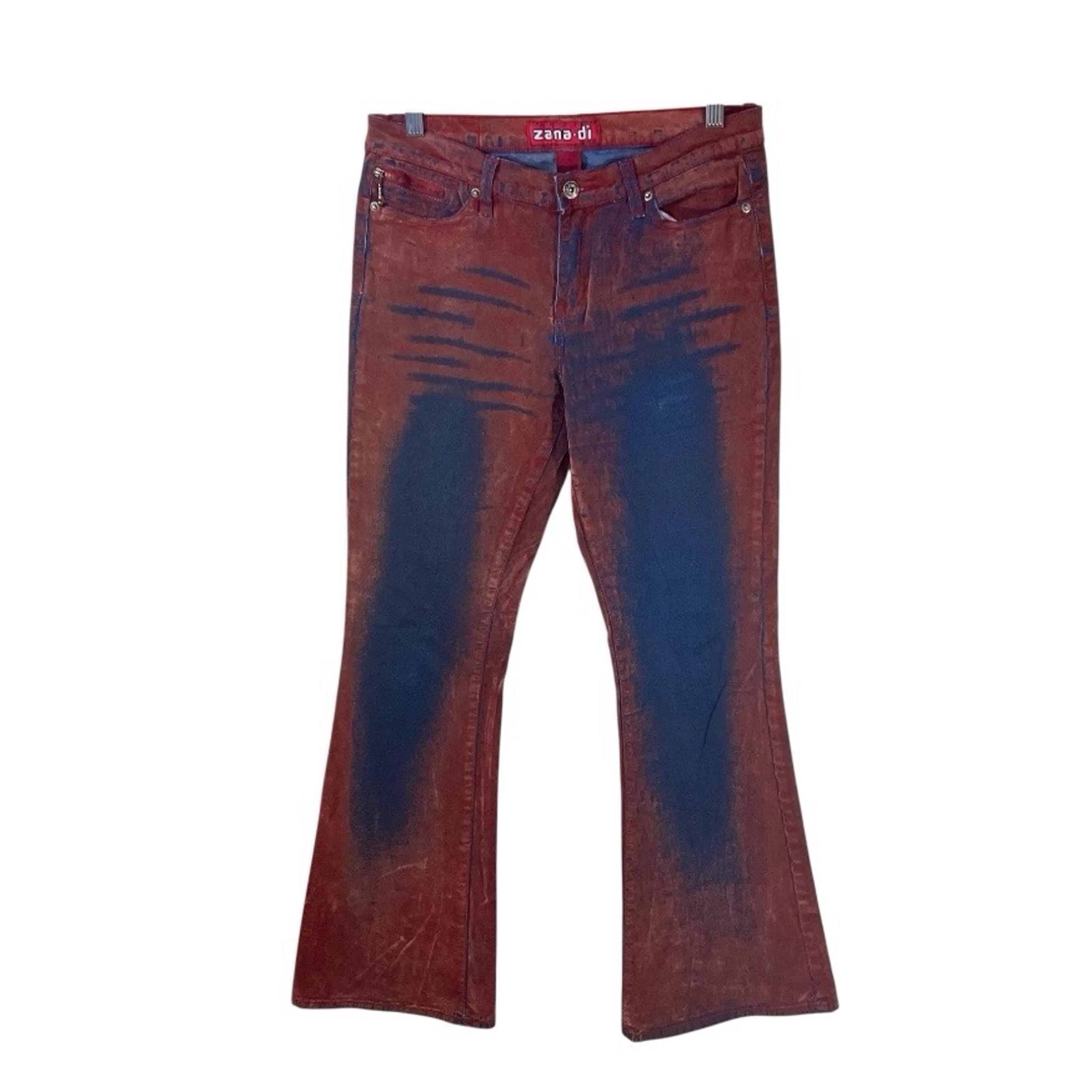 Vintage Y2K Zana Di Jeans Size 9 Blue & Red Orange Suede Mid Rise Flare Boot Cut