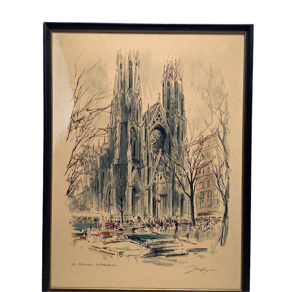 John Haymson Signed 18 x 24 Lithograph Watercolor Print St. Patrick's Cathedral
