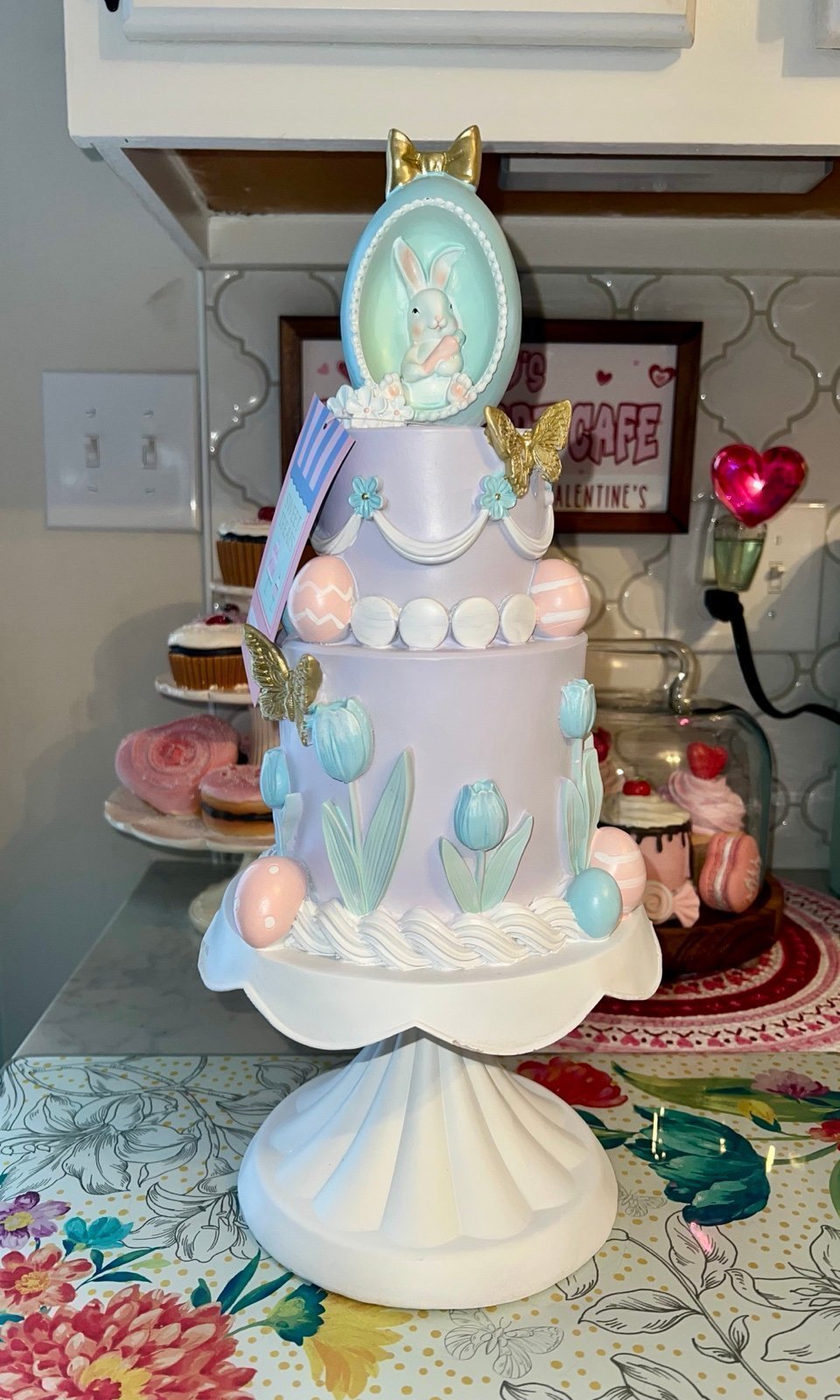 New 2025 Easter Pastel two- tier cake with Bunny with Gold bow on top