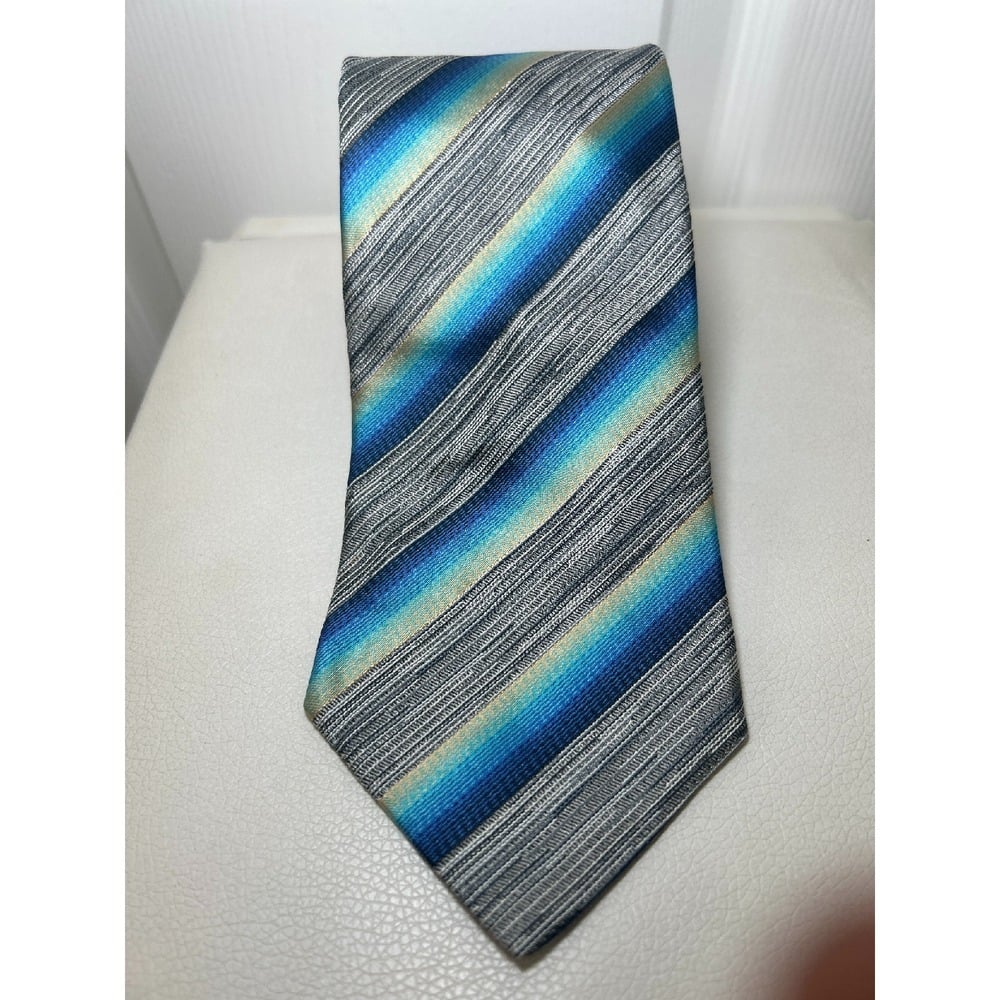 Missoni Tie Blue Gray Yellow Stripe 100% Silk Necktie