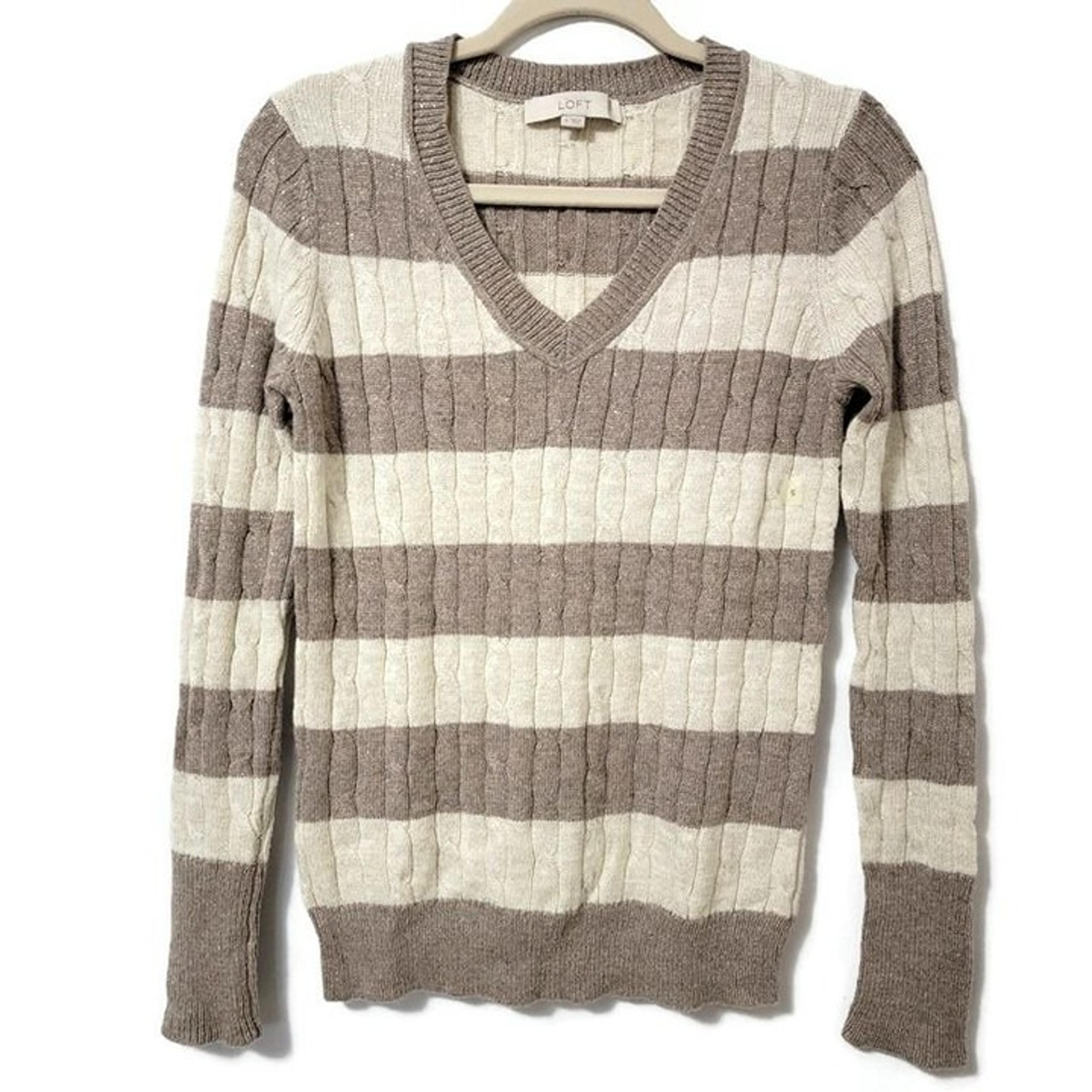 LOFT Wool Rabbit Hair Blend Striped Cable Knit 90s Y2K Style Vneck Sweater Small