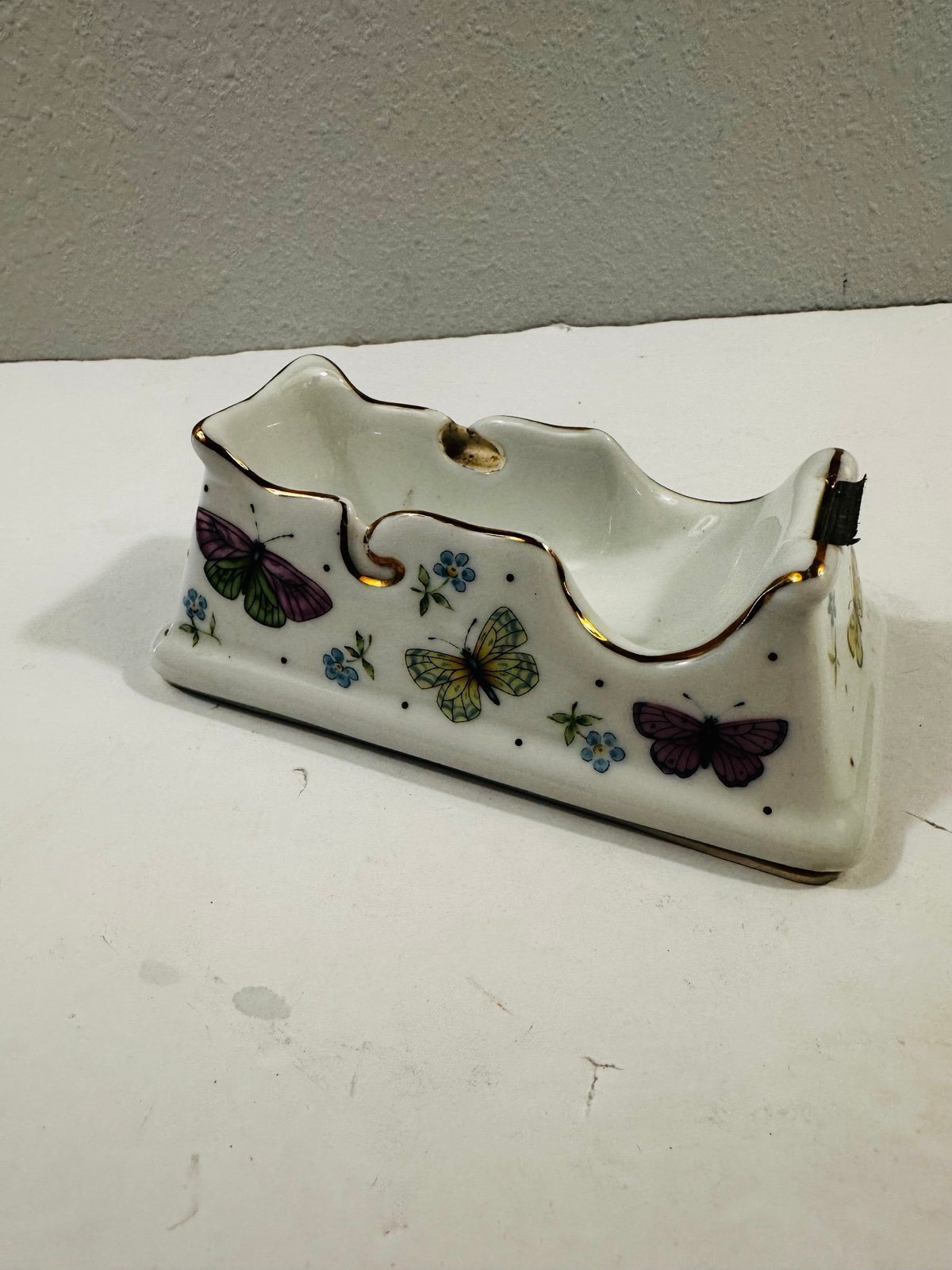 Vtg Porcelain Tape Dispenser butterfly flowers with Gold Trim